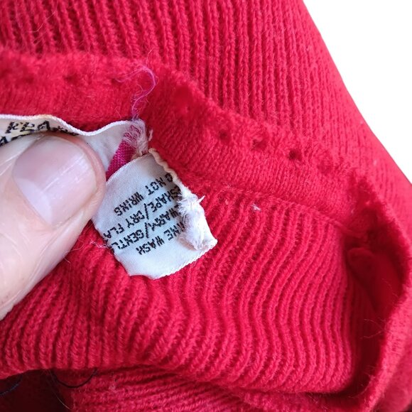 Women's Medium Knit Top Vintage 70s Red Short Sleeve With Ruffle Cuffs Crewneck - Picture 7 of 7